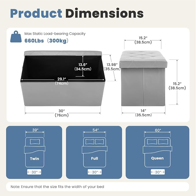 DUMOS 30 Inch Folding Storage Ottoman Bench, Large Hidden Storage Chest | Ottoman with Padded Seat, End of Bed Foot Rest Stool for Bedroom Living Room, Load 660 lbs, Lychee Grain Leather, Gray - Image 3