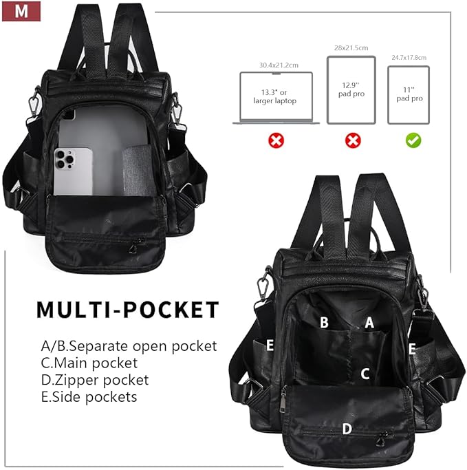 PINCNEL Women Backpack Purse Waterproof Nylon Anti-theft Rucksack Lightweight Shoulder Bag, Medium, Black - Image 2