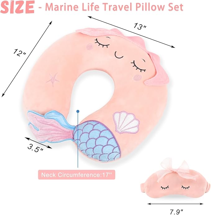 Travel Pillow, Travel Accessories for Car Airplane Traveling, Soft Memory Foam Kids Travel Pillow with Sleep Eye Mask Kids Neck Pillow for Boys & Girls - Cute Pink Mermaid - Image 2