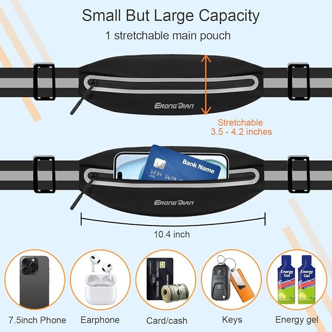 Slim Running Belt, Water Resistant Fanny Pack for Men Women Black | Ultra-Light, Widened Elastic Adjustable, No Bounce, Reflective Strip, Small Waist Pack Cell Phone Holder, Fit for All Phones - Image 2