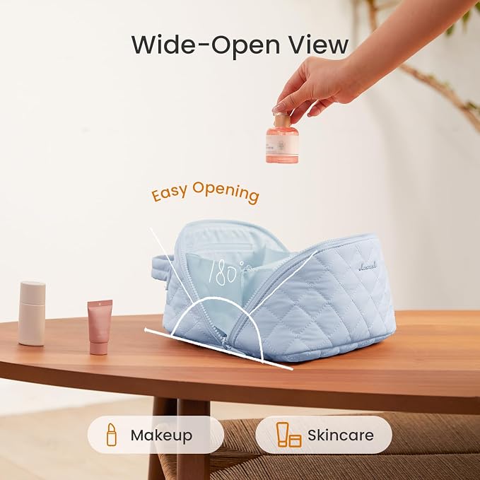 LOVEVOOK Travel Makeup Bag for Women, 2Pcs Puffer Waterproof Cosmetic Organizer, Large Capacity Pouch Open Flat Small Toiletry Bag with Brush Compartment & Handle (Blue, Large) - Image 2