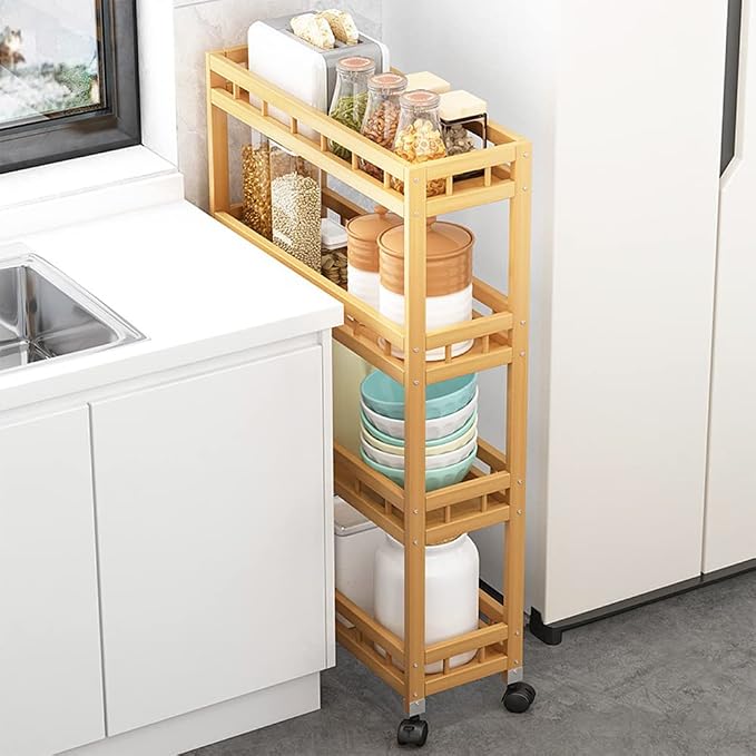 4-Tier Bamboo Utility Kitchen Rolling Cart Trolley Island Storage Shelf | (23.6" L X 7.1" W X 37.8" H) Wood Removable Multi-Layer Rack on Wheels - Image 3