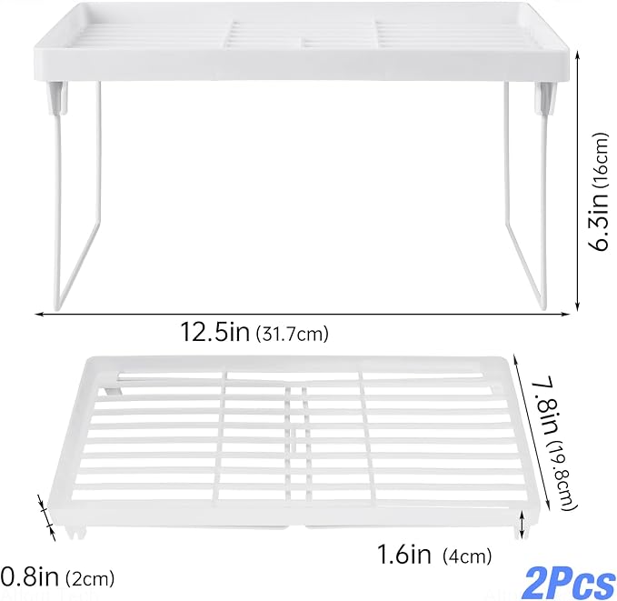 NiHome 2-Pack Stackable Plastic Kitchen Storage Shelf Foldable Rack, White | Stackable Kitchen Cabinet Organizer and Storage Shelves, Expandable Storage Racks for Counter Cabinet Pantry - Image 2