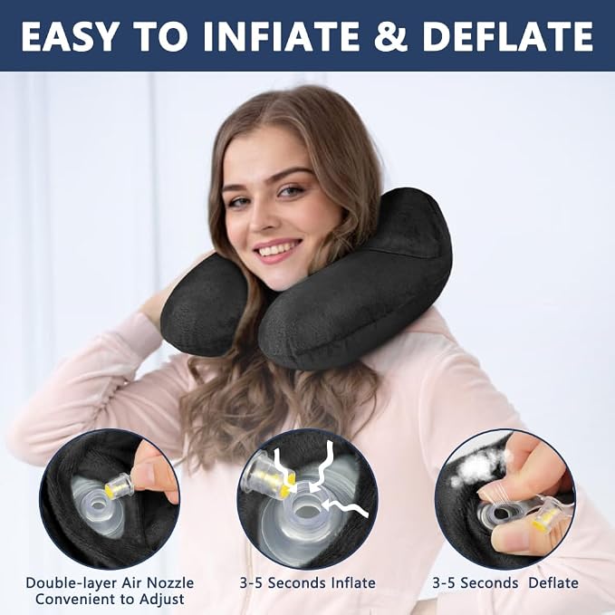 flintronic 2PCS Inflatable Travel Pillow, Inflatable Travel Pillow for Airplane, Soft Velvet Neck Support, Lightweight Ergonomic Sleeping Neck Pillow for Airplane, Car, Train, Office, Camping - Image 5