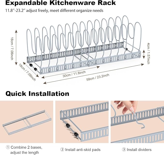 Housolution Pot and Pan Lid Organizer Holder Storage Rack, Grey | 12"-23" Expandable, 14 Adjustable Dividers, Sturdy Metal Construction, Easy Assembly - Image 5