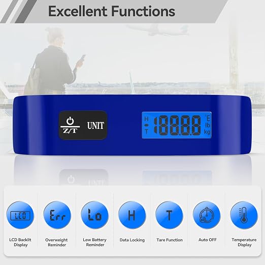Luggage Scale Dr.meter Travel Essentials Luggage Weight Scale Backlight LCD | 110lb/50kg Electronic Balance Digital Postal Travel Accessories with Rubber Paint Handle Temperature Sensor Blue - Image 2