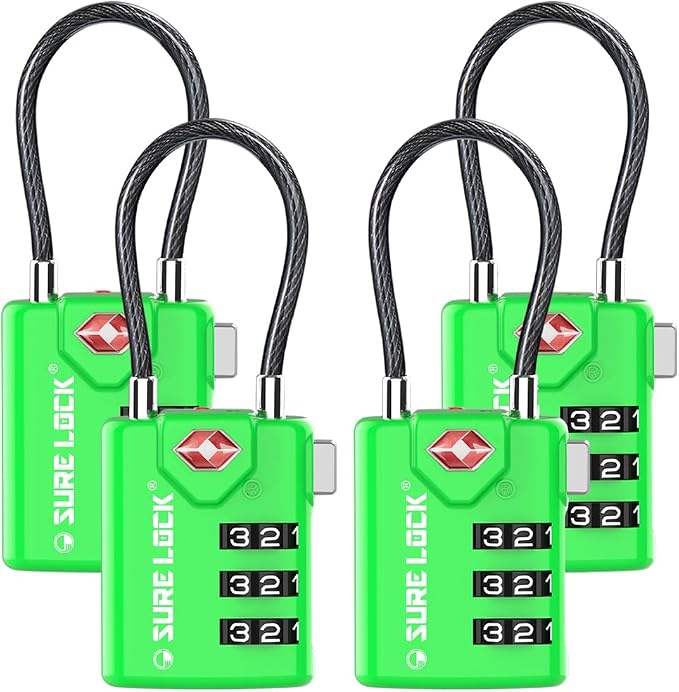 SURE LOCK TSA Approved Luggage Locks with Open Alert Indicator, 3 Digit Combination Cable Travel Lock for Suitcase, Backpack, Gym Locker, Toolbox & Travel Bag（Green 4 Pack） by Hopeyoucanstaysafe
