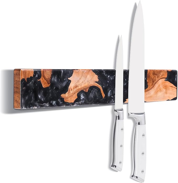 Magnetic Knife Holder for Wall 16 Inch, Acacia Burl Wood & Black Resin Magnetic Knife Strip Bar, Powerful Magnet Kitchen Knife Storage Rack, Space-Saving Wall Mounted Organizer by ENOKING