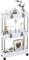 3-Tier Slim Mobile Shelving Unit on Wheels, Slide Out Rolling Bathroom Storage Organizer, Utility Carts Shelf Rack for Kitchen Bathroom Laundry Room Narrow Places, White by MelodyHouse