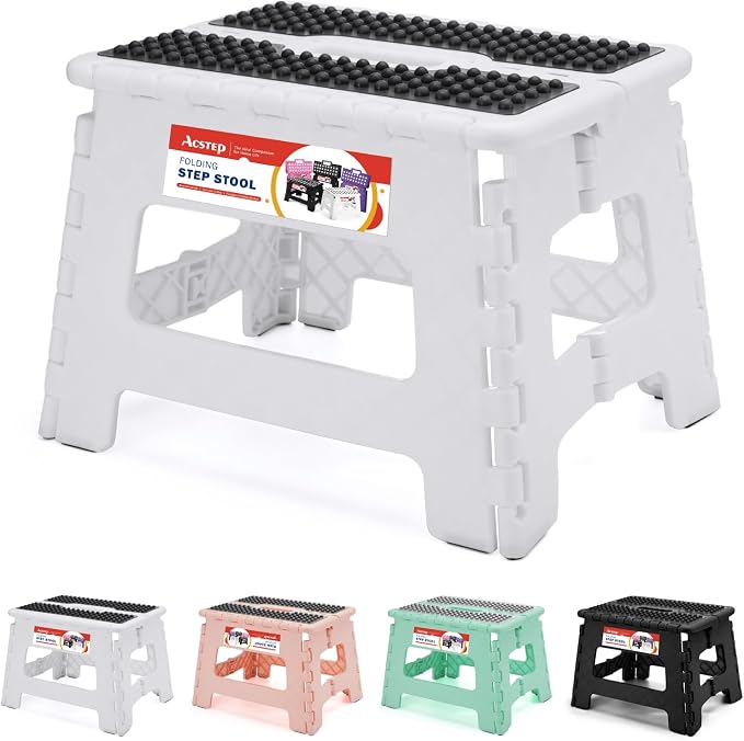 9" Folding Step Stool, Non-Slip Surface Stool for Kids, Dot White | Heavy Duty Foldable Stools, Lightweight, Holds 300 lb, for Toddler Kitchen Bathroom Bedroom Outdoor, Collapsible with Handle by ACSTEP