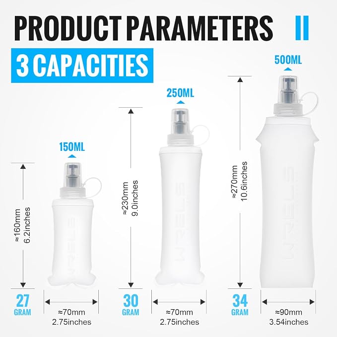 WRELS TPU Collapsible Soft Flask,Lightweight PBA Free Folding Running Water Bottles,Leakproof Durable Hydration Flask for Outdoors (500ml/16.9oz-2 Packs-White) - Image 6