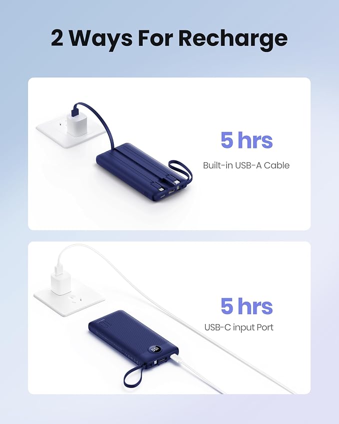 Portable Power Bank, Compact 10000mAh Portable Charger with 4 Cables, USB C Battery Pack 5 Outputs 2 Inputs LED Display Compatible with iPhone/Android & More (Navy Blue) - Image 6