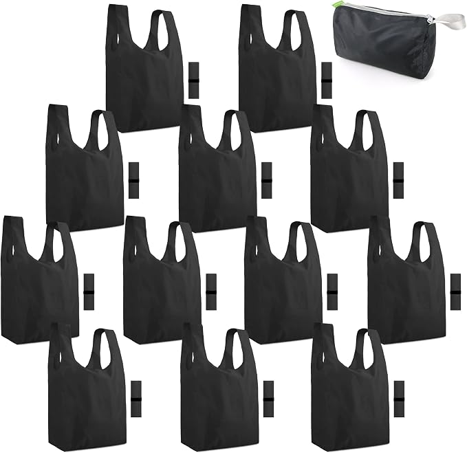 BeeGreen Black Reusable Grocery Bags Shopping Bags for Groceries 12 Pack Heavy Duty - Foldable Polyester Grocery Totes with Handles and Zipper Bag, Large Travel Washable Holiday Tote Bag Bulk​ by BeeGreen