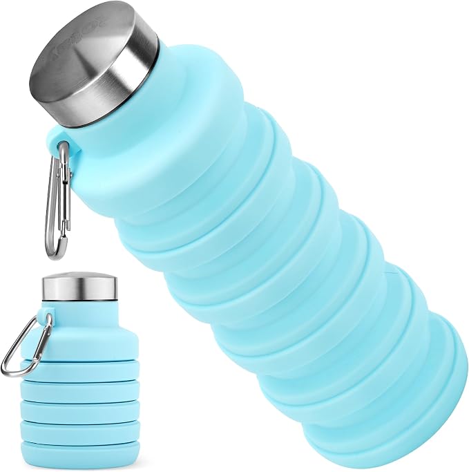 Collapsible Water Bottle, 16oz Portable Reusable Silicone Water Bottle with Carabiner for Gym, Travel, Camping, Hiking, Sports, Lightweight, BPA-Free, Leak-Proof, Foldable Design, Light Blue by HOME