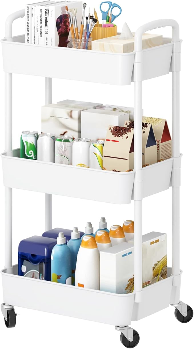 Laiensia 3-Tier Rolling Cart with Wheels,Multifunction Utility Storage Carts, Kitchen Storage Organizer,Mobile Shelving Unit for Bathroom,Laundry,with Classified Stickers,White by Laiensia