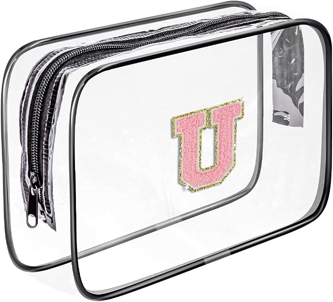 Clear Toiletry Bag,Portable Travel Toiletry Bag,Chenille Letter Cosmetic Bag with Zipper,Waterproof Makeup Bag,Cosmetic Storage Organizer for Women Men,Travel Essentials (Black,U) by Fodofodo