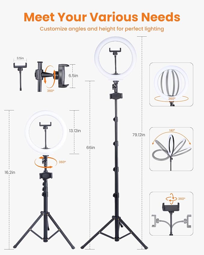 10" Ring Light with 66'' Tripod Stands, 2 Phone Holder & Remote | 3 Color & 10 Brightness Level, Circle Ring Lights for Live Stream, Makeup, TikTok, YouTube, Compatible with iPhone & Android - Image 2