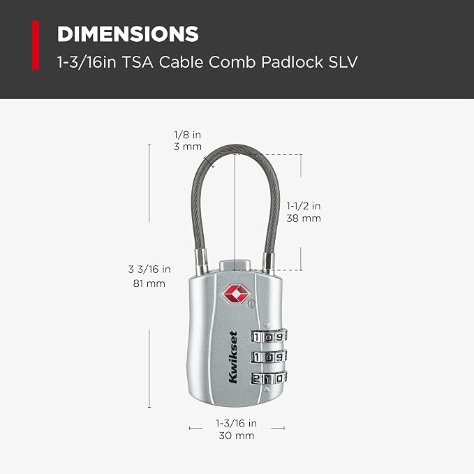 Kwikset TSA Approved Combination Luggage Lock with Cable, 1-Pack, Silver | Cable Shackle Threads Through Zippers, Straps and Handles; Resettable Code with 1-3/16 in Body for Travel - Image 3