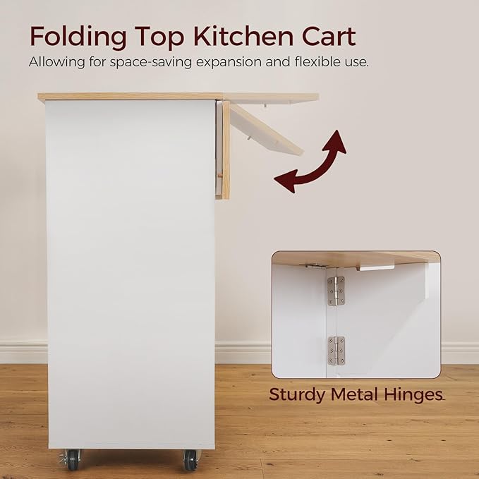 MAHANCRIS Kitchen Island on Wheels with Drop Leaf, Folding Countertop Kitchen Island Cart, Kitchen Island Table with Towel Rack, Drawer, for Kitchen, Dining Room, White and Natural KINW12501 - Image 4