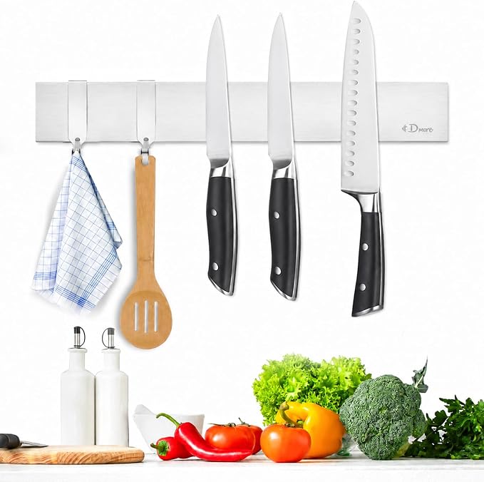 Dmore magnetic knife holder for wall—with 2 hooks, No Drilling 12 Inch silver knife magnetic strip, Powerful knife magnet rack, include Adhesive Tape and screws for Knives, Utensils, and Tools by Dmorealwaysdomore