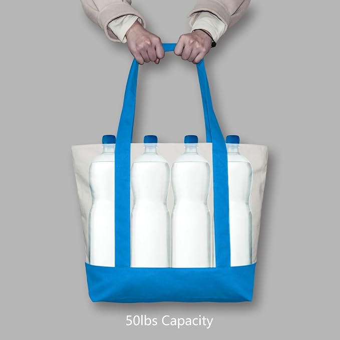 TOPDesign 3-Pack Canvas Tote Bags with an External Pocket, Reusable Grocery Shopping Bags, Top Zipper Closure, Daily Essentials (Ocean Blue/Natural) - Image 6
