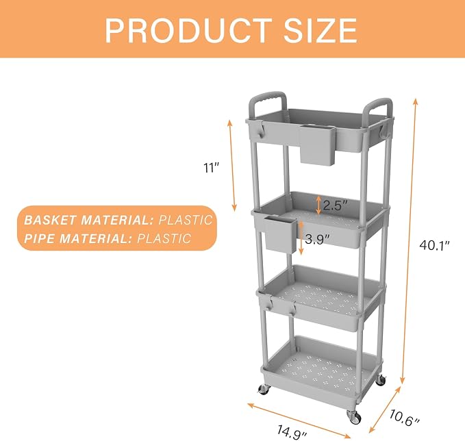 4 Tier Rolling Utility Cart with Handle,REBECAT Utility Cart Made of Multifunctional Storage Organizer Tool for Kitchen,Bathroom,Living Room,Office(Gray) - Image 2