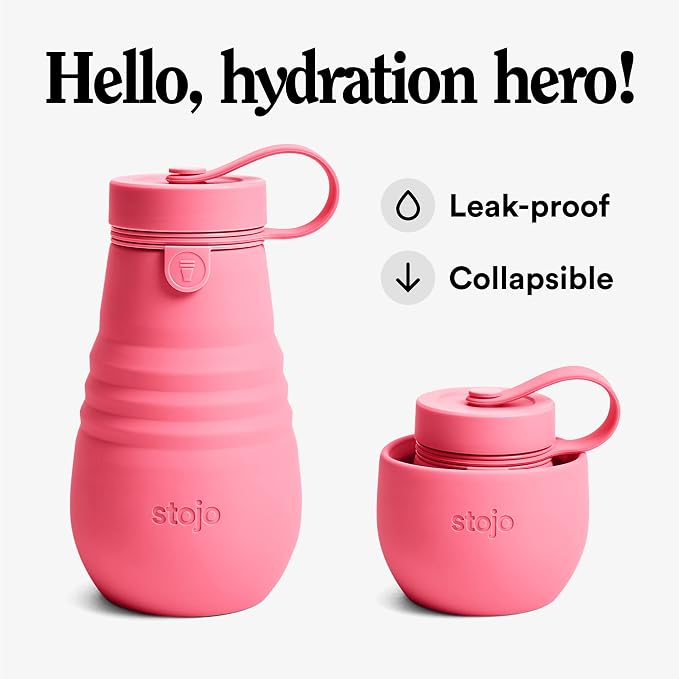 STOJO Jr Collapsible Bottle for Kids - Peony Pink, 14oz / 400ml - Leak-Proof Reusable Silicone Travel Cup for Hot & Cold Drinks - For Home, On-The-Go Camping & Hiking - Microwave & Dishwasher Safe - Image 2