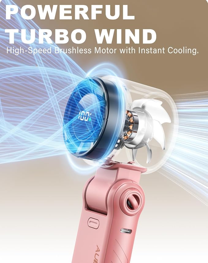 Portable Handheld Turbo Fan - 5 Speed Mini Personal Fan with Strong Airflow, Foldable 3 in 1 Rechargeable Battery Operated Trave Essentials Hand Fans for Indoor/Outdoor Use, Pink - Image 6