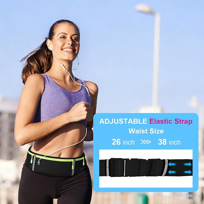 Slim Running Belt for Women Men,Runners Fanny Pack Phone Holder,Money Belt,Running Gear Accessories,with 3 Pockets (Green-black) - Image 6