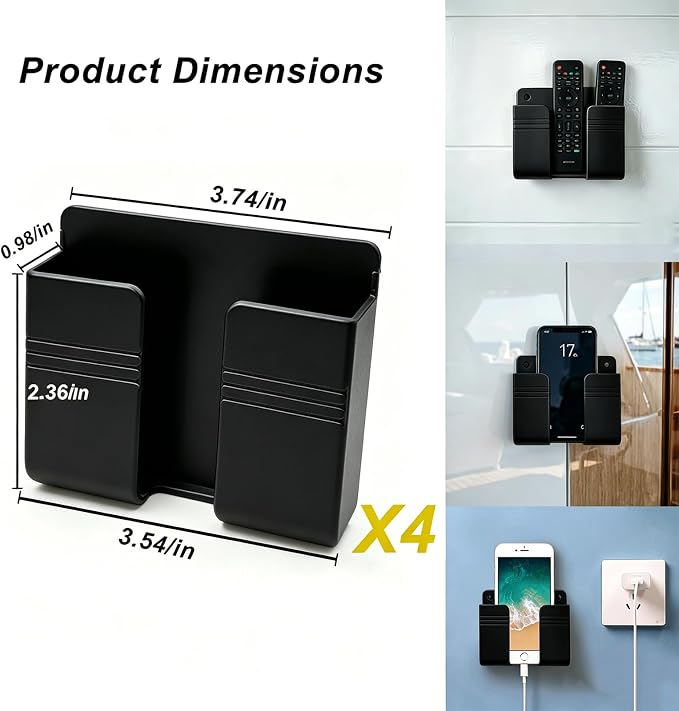 4 Pack Wall Mount Adhesive Storage Holder, No Drill Plastic Organizer for Phone, Remote Control, Home, Office, Bathroom, 3.54" x 2.87 - Image 2