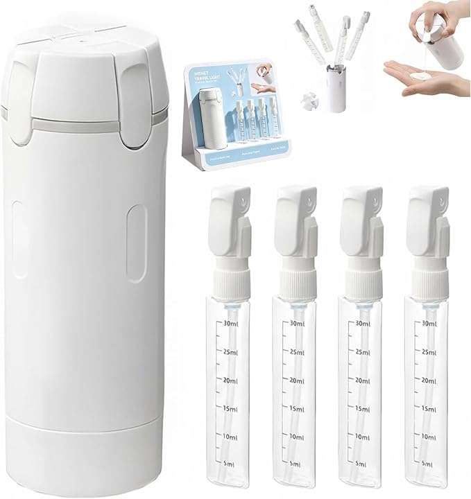 4 in 1 Travel Dispenser Bottles, Leak Proof Travel Bottles for Toiletries, 4 Pack 30ML Refillable Travel Size Containers for Shampoo, Onditioner, Travels Essentials (White) by Unknown