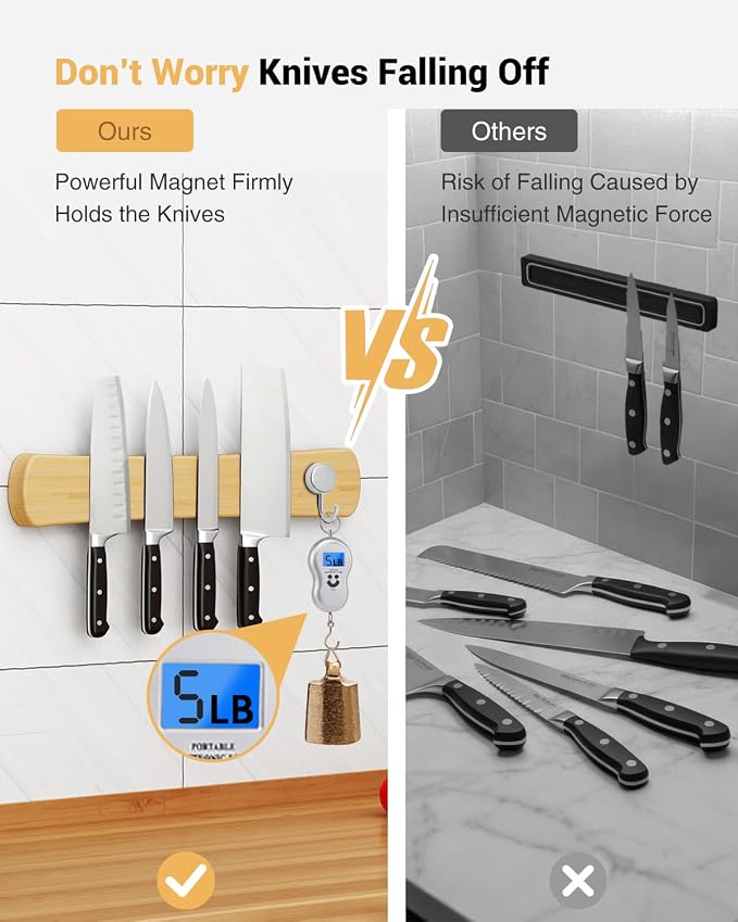 Magnetic Knife Holder, 18 Inch Bamboo Wood Knife Strip for Wall or Fridge | Fridge Magnetic or Screw-Mounted, Strong Magnet Secures Knives, Space-Saving, Kitchen Knife Storage, Housewarming Gift - Image 4