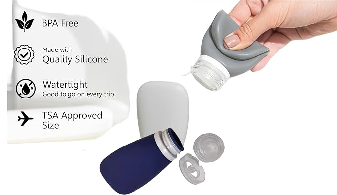 Travel Bottles for Toiletries, TSA Approved 3oz (90ml) Leak Proof Silicone Refillable Squeeze Travel Size Containers BPA Free for Cleansers, Lotions, Shampoo 4pk color (P,G,Blk,Blue) - Image 4