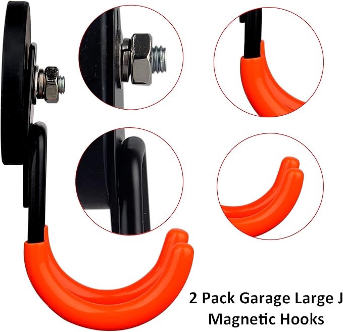 ULIBERMAGNET Garage Strong Magnetic Hooks, 2 Pack Heavy Duty Large J Hooks with Magnet, Anti-Slip Coating Magnet Hooks for Garden Tools, Ropes,Drill - Image 4