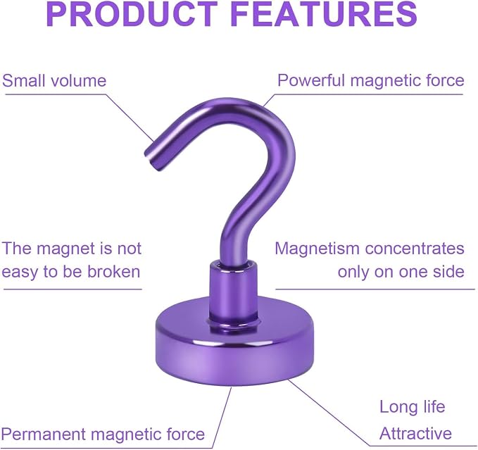 DIYMAG Magnetic Hooks 20pcs 30lbs Cruise Essentials 2026 Magnet Hook Purple | Neodymium Heavy Duty Strong Magnets Hanging Ship Cabins Refrigerator Fridge Classroom Beach Vacation Kitchen Grills Home Tool - Image 6