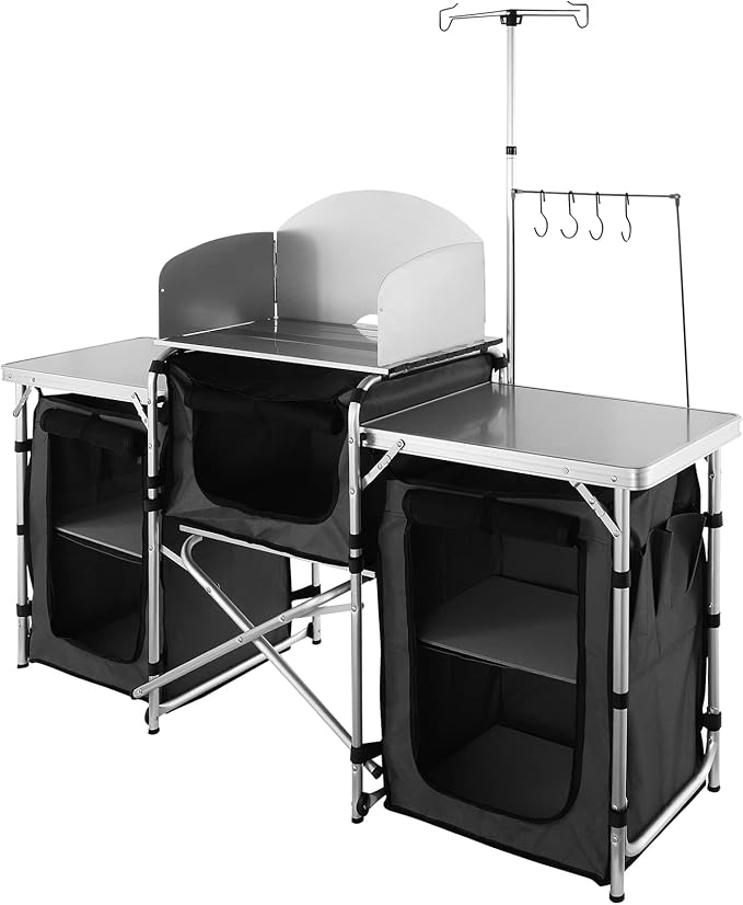 VEVOR Camping Kitchen Table, Folding Outdoor Cooking Table with Storage Carrying Bag, Aluminum Cook Station 3 Cupboard & Detachable Windscreen, Quick Set-up for Picnics, BBQ, RV Traveling, Black | Portable Lightweight Setup, Storage Pockets, Sturdy Cor... - Image 6