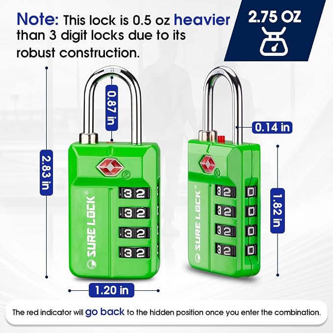 SURE LOCK TSA Approved 4-Digit Resettable Combination Luggage Locks with Open Alert, Easy-Read Dials - for Luggage, School Lockers, Gym, Office, Toolbox & Security Cases(Green 4 Pack) - Image 6
