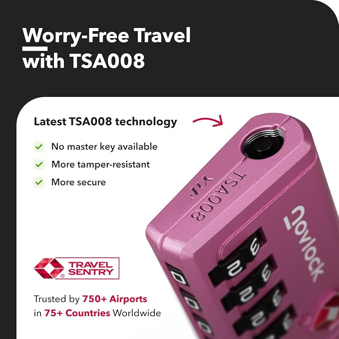 TSA Approved Luggage Locks, Travel Locks with Inspection Indicator | TSA008, Easy to Read Dials, 4 Digit Combination, Flexible Steel Cable, for Suitcases, Backpacks, Bags, 2-Pack, Purple - Image 6