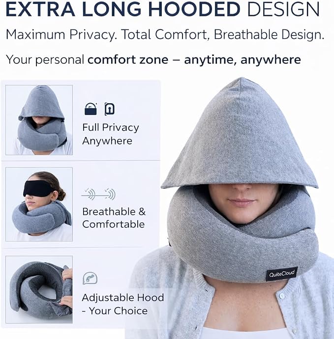 Travel Neck Pillow Hooded Memory Foam 360° Head & Chin Support, Lightweight Breathable Adjustable Fit Travel Neck Pillow with Eye Mask, Earplugs & Carry Bag for Airplanes, Car, Bus, Train & Long Trips - Image 4