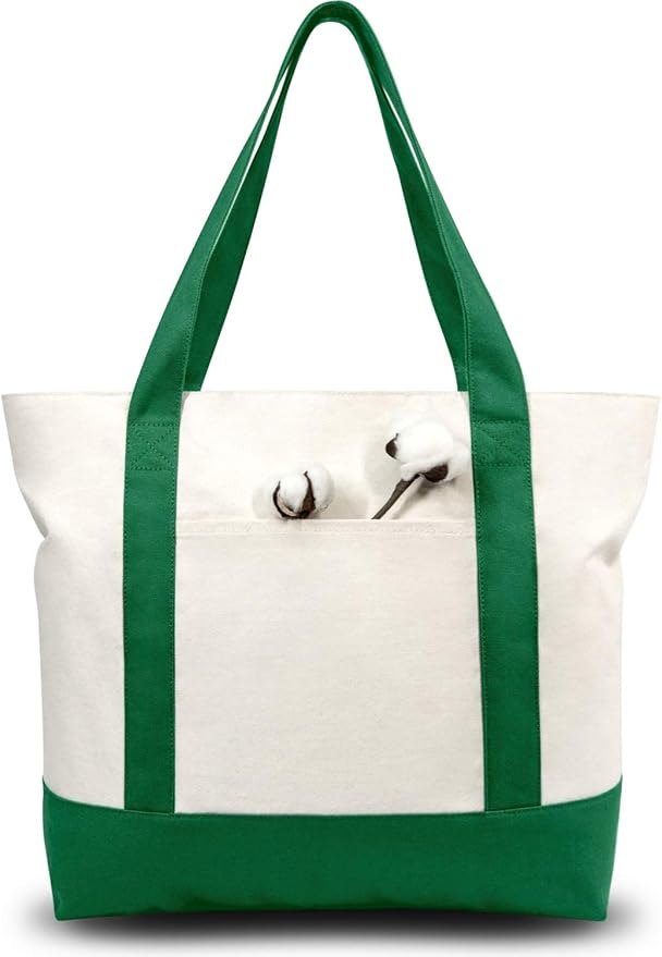 TOPDesign 6-Pack Canvas Tote Bags with an External Pocket, Reusable Grocery Shopping Bags, Top Zipper Closure, Daily Essentials (Green/Natural) by TOPDesign