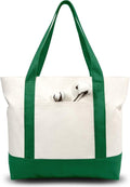 TOPDesign 6-Pack Canvas Tote Bags with an External Pocket, Reusable Grocery Shopping Bags, Top Zipper Closure, Daily Essentials (Green/Natural) by TOPDesign