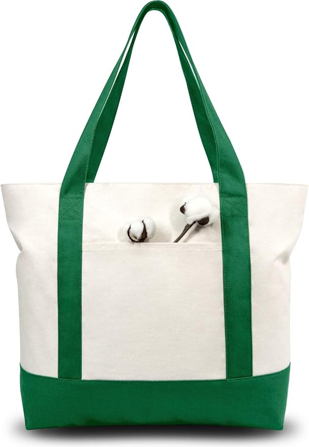 TOPDesign 3-Pack Canvas Tote Bags with an External Pocket, Reusable Grocery Shopping Bags, Top Zipper Closure, Daily Essentials (Green/Natural) by TOPDesign