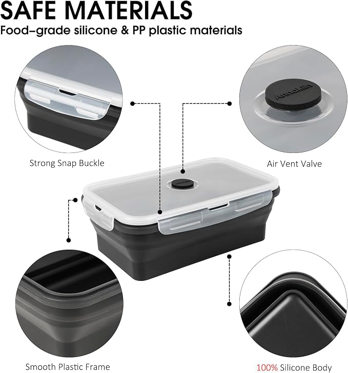 Collapsible Food Storage Containers with Lids, 8 Pack, 40 oz Silicone 1-Compartment Meal Prep Containers Reusable, Lunch Bento Boxes for Adults, Microwave Freezer Dishwasher Safe, BPA-Free, Black - Image 5