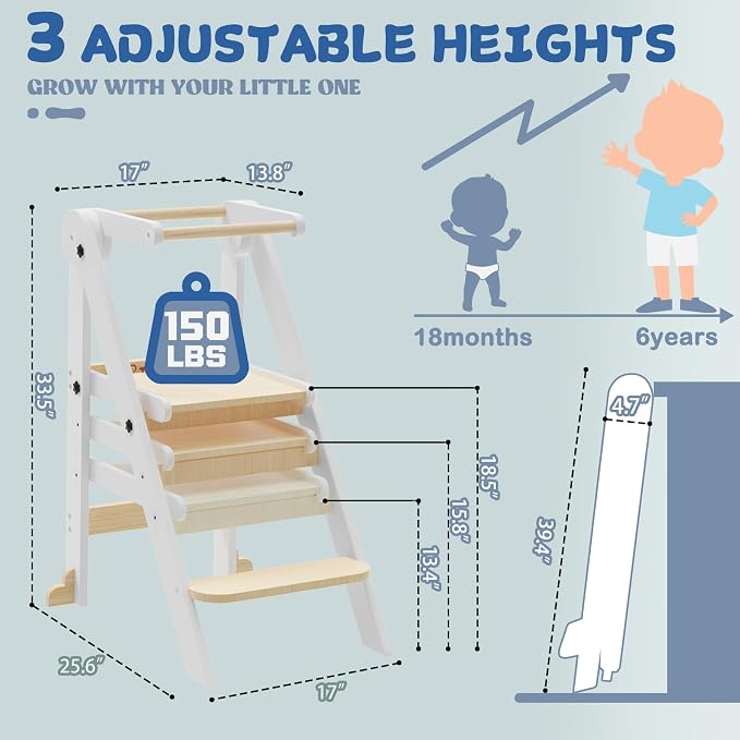 Foldable Toddler Kitchen Stool Helper with 3 Adjustable Heights,Aged 1-6 | CPSC Test,Wooden Collapsible Toddler Tower with Safety Rails&Feet,Wide Pedal,for Kitchen Cooking, Baking or Washing Hands - Image 5