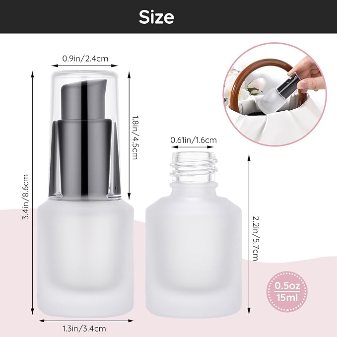 Segbeauty 0.5oz Empty Frosted Glass Oil Bottle, 5pcs 3pcs Matte Translucent Lotion Pump Bottle, 15ml Mini Travel Size Container for Creams Hair Oils, Refillable Glass Travel Bottles for Toiletries - Image 2