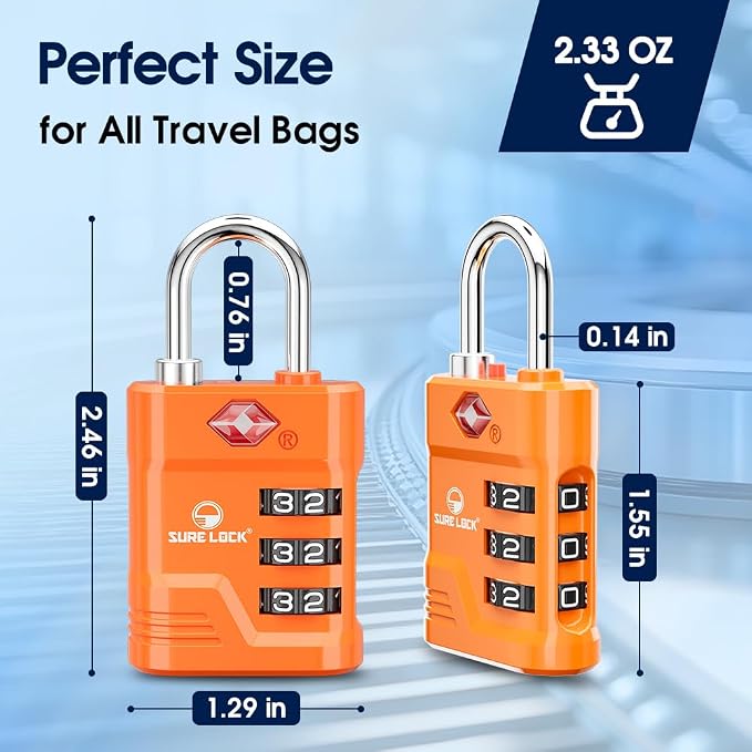 SURE LOCK TSA Approved Luggage Lock – 3-Digit Resettable Combination Padlock with Open Alert Red Dot, Large Easy-Read Dials for Suitcases, Backpacks, Gym & School Lockers (Orange 2 pk) - Image 7