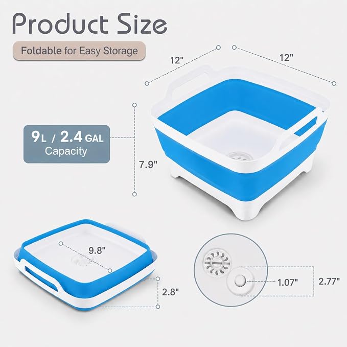 2.4 Gal(9L) Collapsible Dish Basin with Drain Plug, Space Saving Outdoor Multiuse Foldable Sink Tub, Dishpan, Kitchen Storage Tray for Camping, Vegetable Washing, RV (Blue) - Image 2