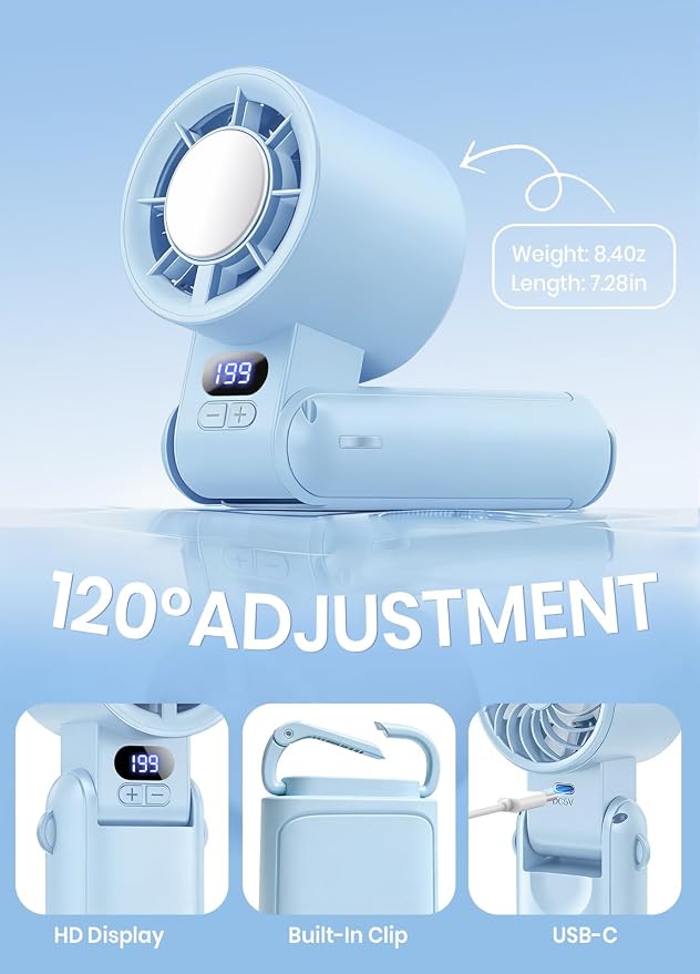 Portable Handheld Turbo Fan, 1-199 Speed Adjustable, Blue | 4 IN 1 Pocket Design with LED Display, High-Power Motor, Rechargeable Battery, Mini Fans for Indoor/Outdoor/Travel/Work - Image 7
