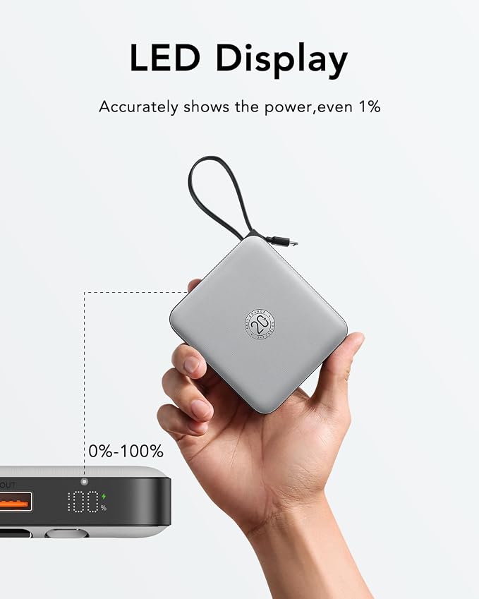 VRURC Portable Charger with Built-in Cables, 10000mAh 22.5W Fast Charging | Compact Battery Pack with LED Display, Cell Phone Power Bank for iPhone 17/16/15 Series , Samsung Galaxy & USB-C Devices,Grey - Image 7