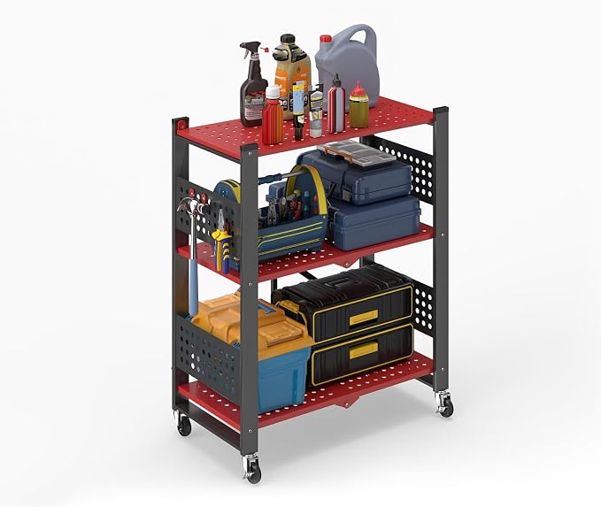 3-Tier Folding Shelf with Roller Casters for Storage Required. | Heavy-duty steel folding shelf Side Pegboard Construction Garage Shelves, Red And Black Perforated Shelves, No assembly by YUANJIMI
